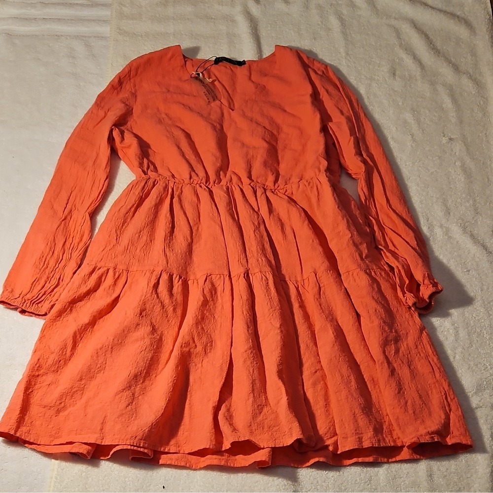 FANCYINN Orange Long Sleeve A-Line Dress Tiered Lined Cotton Polyester Size L